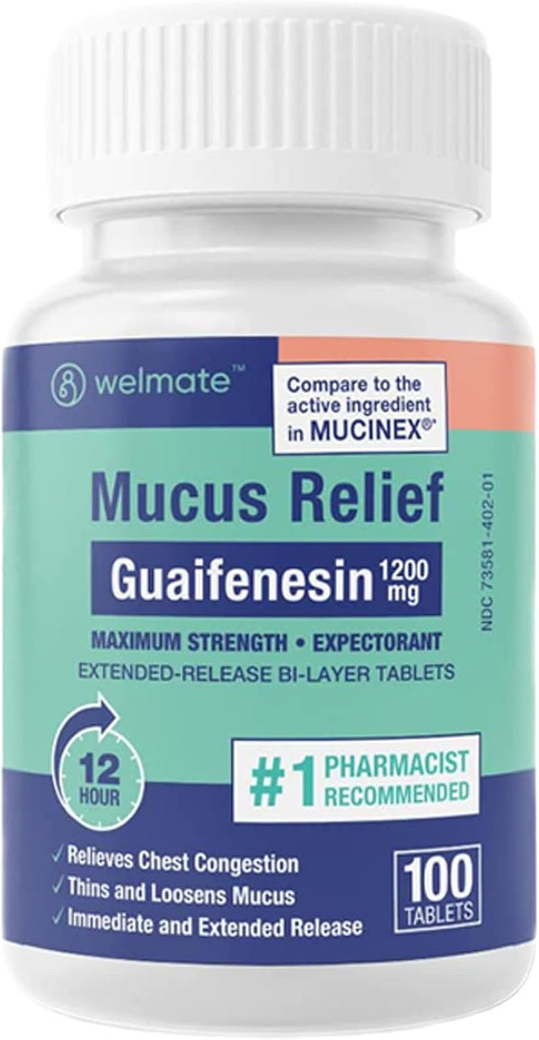 WELMATE Mucus Relief | Guaifenesin 1200 Mg Maximum Strength | 100 Count Extended-Release Bi-Layer Tablets