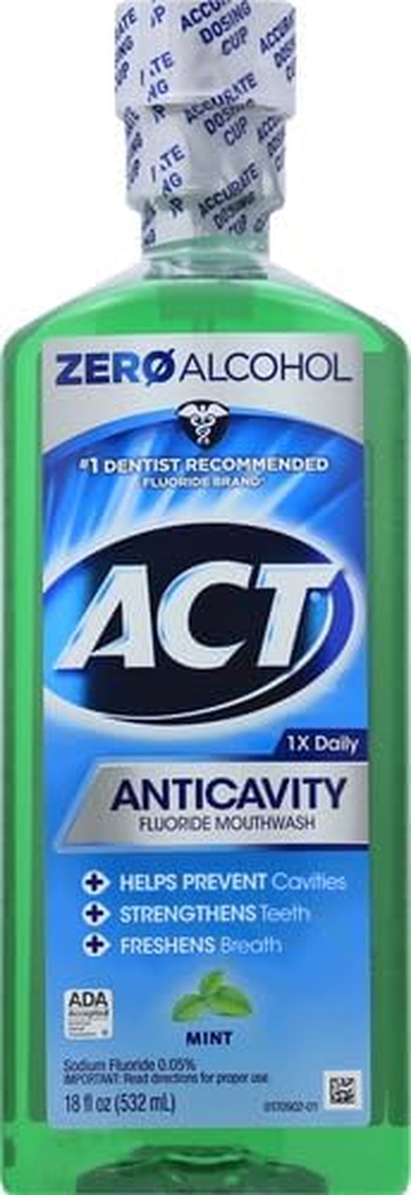 ACT Anticavity Zero Alcohol Fluoride Mouthwash 18 Fl. Oz., with Accurate Dosing Cup, Mint