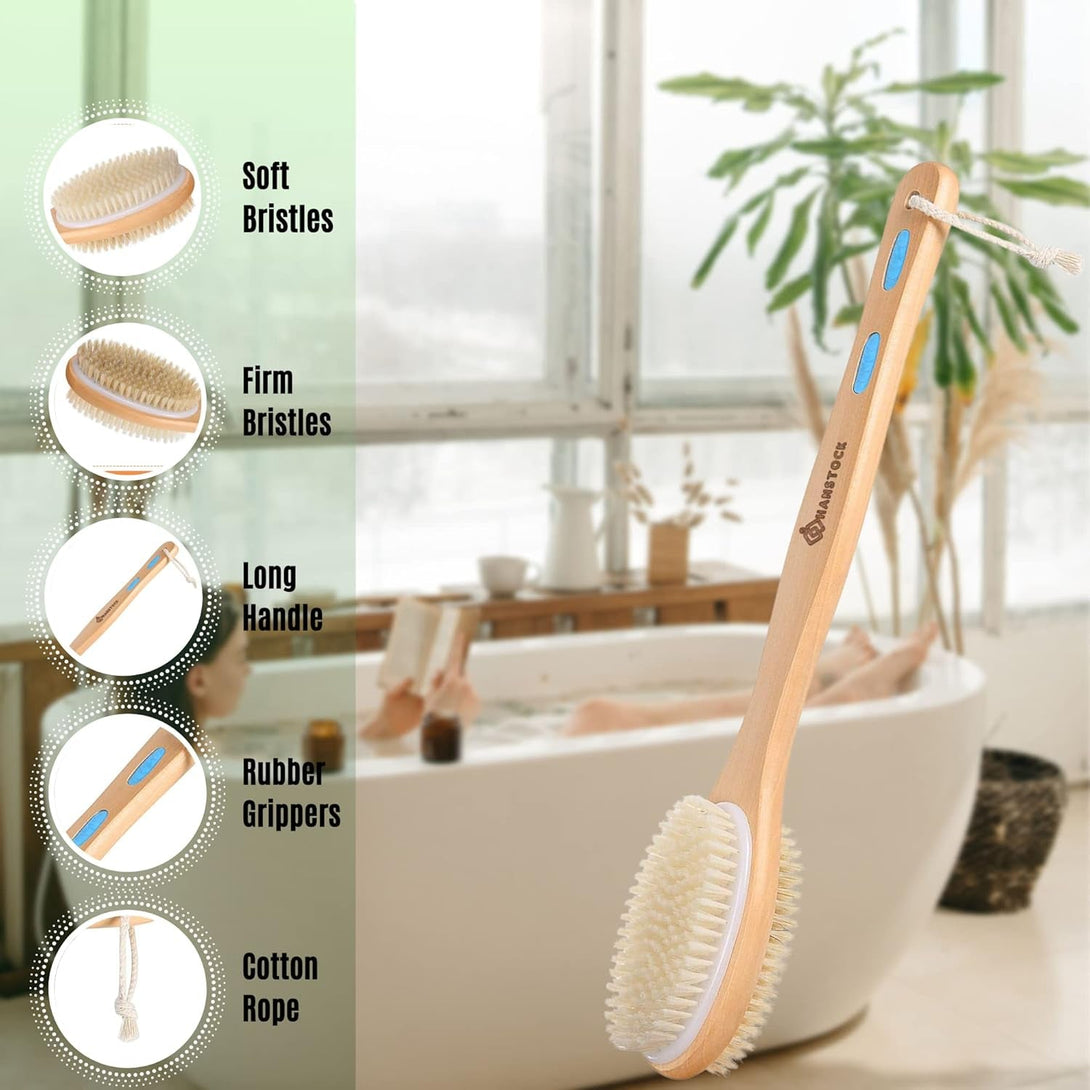 Back Scrubber, 43Cm Long Wooden Double-Sided Shower Body Brush with Soft and Stiff Bristles for Exfoliating Skin