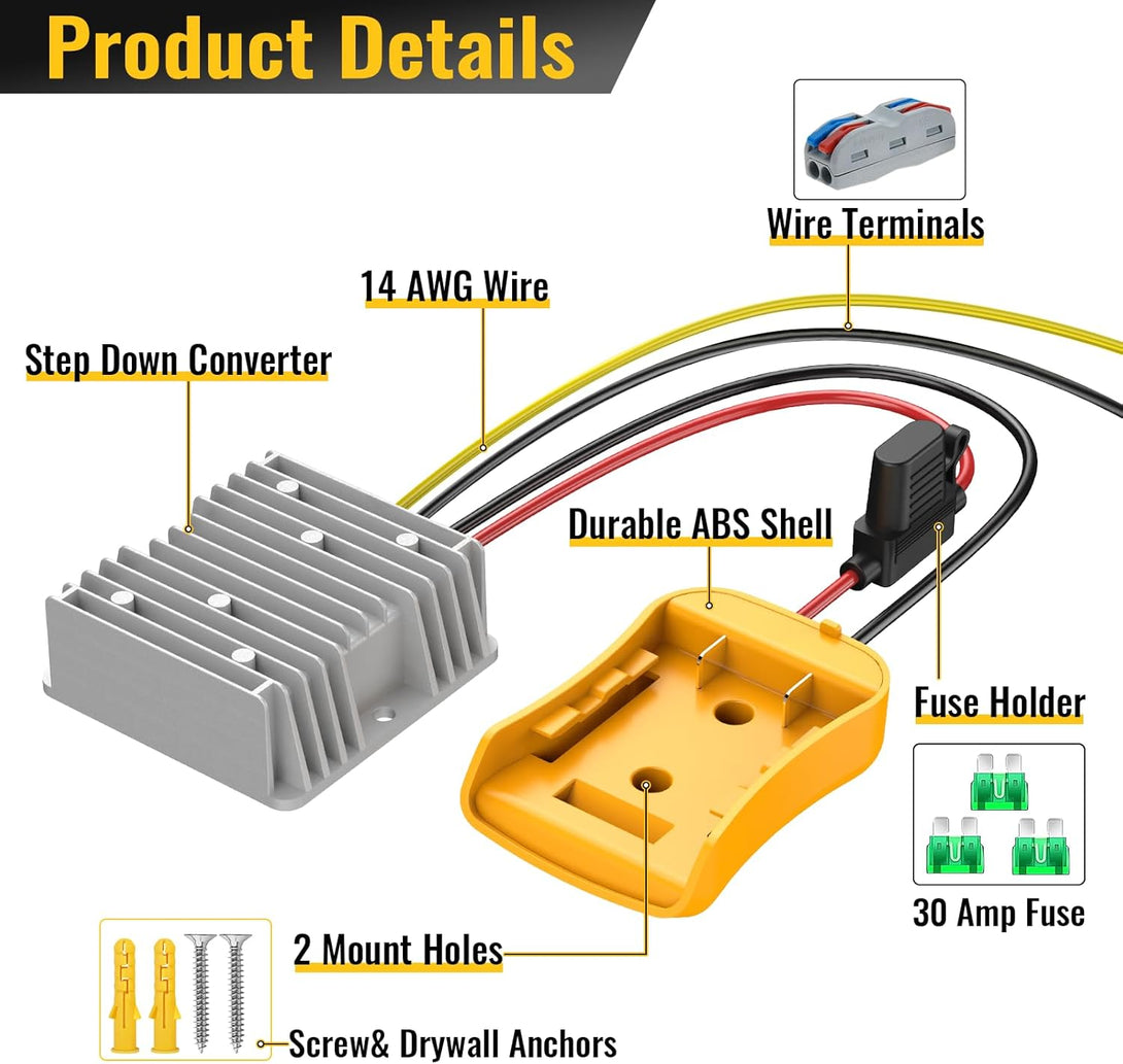 20V to 12V Step down Converter for Dewalt 20V Power Wheels Battery Adapter, DC 12V 20A 240W Buck Converter Regulator with 30A Fuse & Wire Terminal