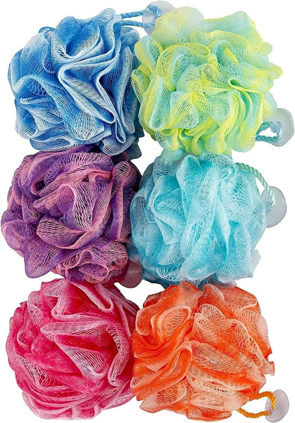 Bath Loofah Set, Pack of 6 Shower Body Sponges with Suction Cups for Men and Women, Exfoliating Pouf Bath Accessories, Multicolor