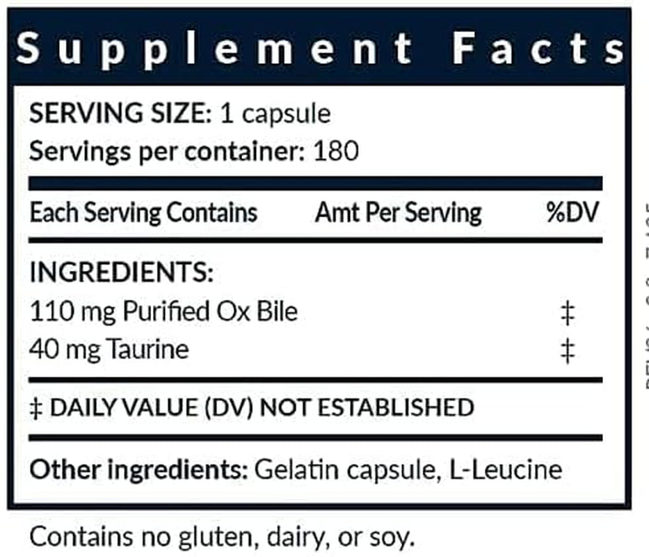 Bile Salts Booster | Supports Gallbladder/No Gallbladder | Ox Bile & Taurine Gallbladder Supplement | Gas & Bloating | Digestive Aid Especially Fats | 180 Capsules - 110 Mg