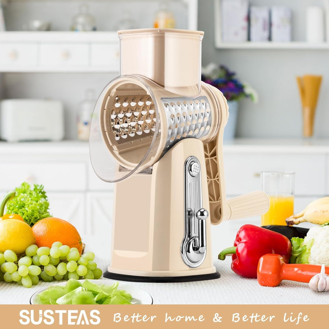 SUSTEAS Rotary Cheese Grater with Handle - Vegetable Shredder with 5 Well-Designed Blades & Strong Suction Base,Round Mandoline Slicer & Food Chopper for Kitchen,With Blade Storage Box(Beige)