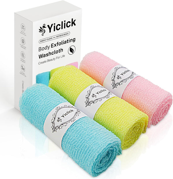 Yiclick Exfoliating Washcloth Towel [3 Pack], Japanese Exfoliating Bath Wash Cloth for Body Exfoliation, Korean Back Scrubber Washer for Shower, African Net Sponge Brush Loofah Exfoliator (Colors)