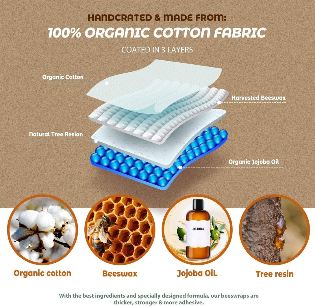 Akeeko Reusable Beeswax Food Wraps - Assorted 3 Packs, Reusable, Plastic-Free Food Storage, 1 Small, 1 Medium, 1 Large Wraps, Dusty Yellow Pattern