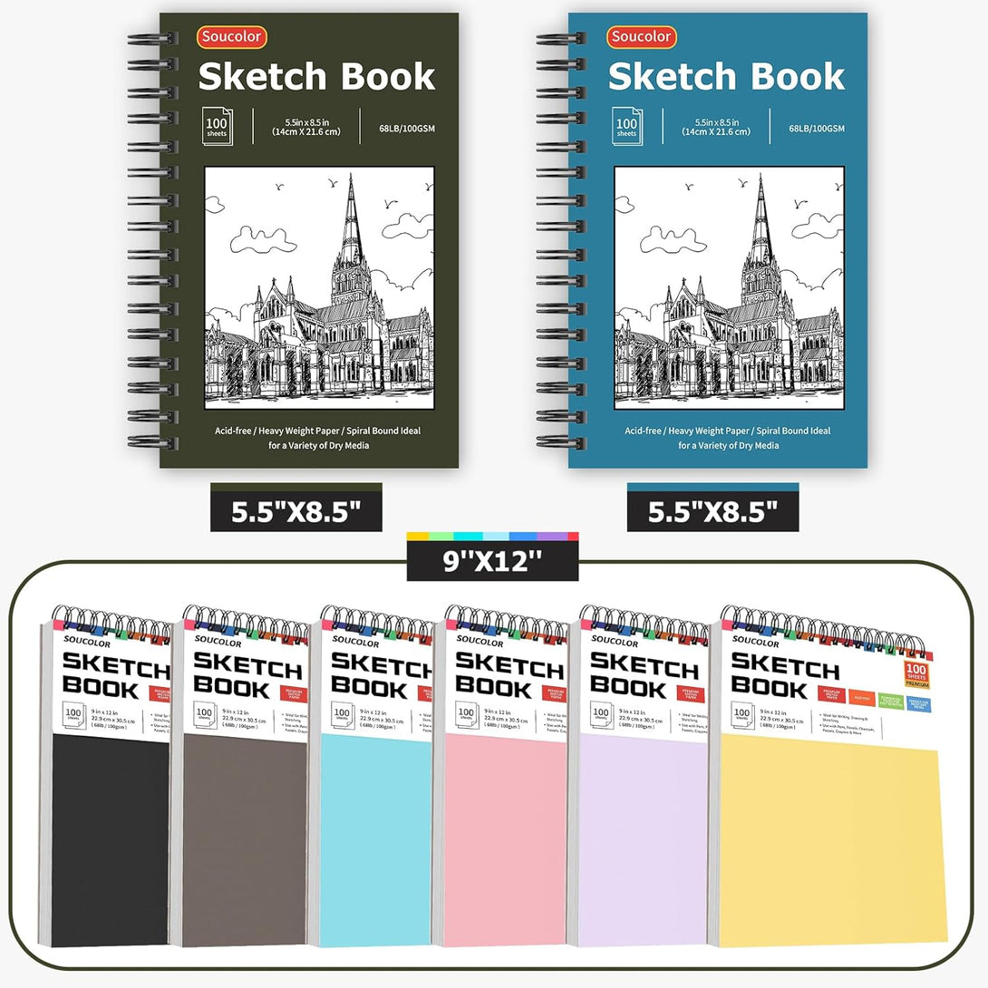 Soucolor 5.5" X 8.5" Sketchbook Pack of 2, 200 Sheets Sketch Book, Spiral Bound Sketch Pad Drawing Book Acid-Free Paper (68Lb/100Gsm), Painting Sketching Drawing Art Supplies for Adults Kids Teens