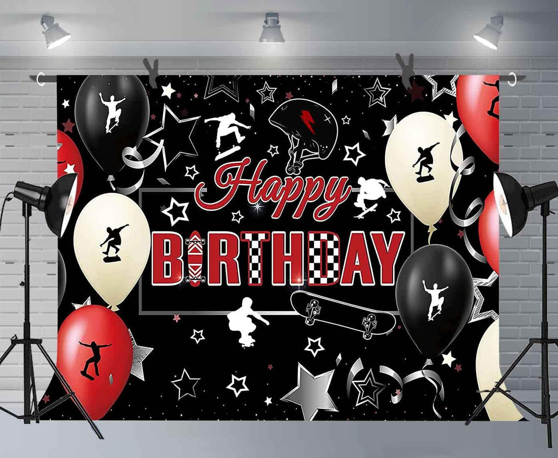 Skateboard Happy Birthday Backdrop 7X5Ft Extreme Sports Props Balloon Helmet Banner Photography Background for Teen Birthday Party Photo Booth Props BJZYAY3