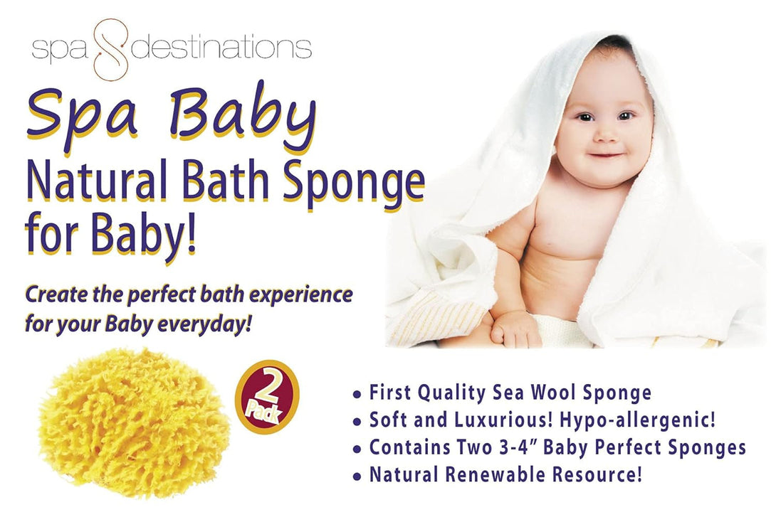 Spa Baby Absorbent Natural Bath Sponge Spa Destinations. Ultra Soft Premium Sea Wool Sponge, Biodegradable, Bath Accessories Baby and Kids, Infant Bath. Two (2) Pack 3-4 Inch for Moms