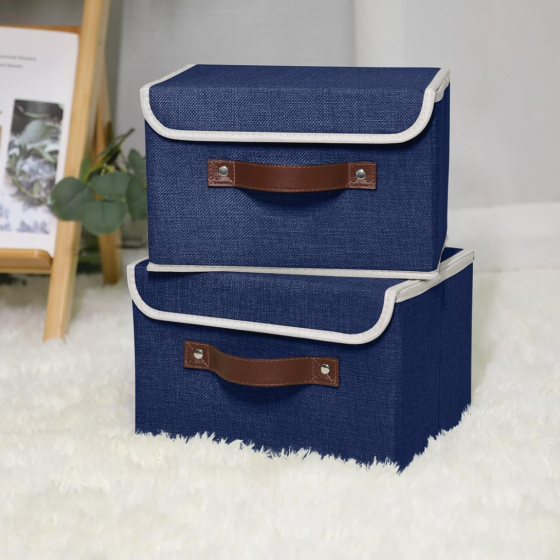 ANMINY 2PCS Storage Bins with Lid PU Leather Handles Storage Boxes PP Plastic Board Decorative Foldable Lidded Cotton Linen Fabric Home Cubes Baskets Closet Organizer Containers - Blue, Small Size