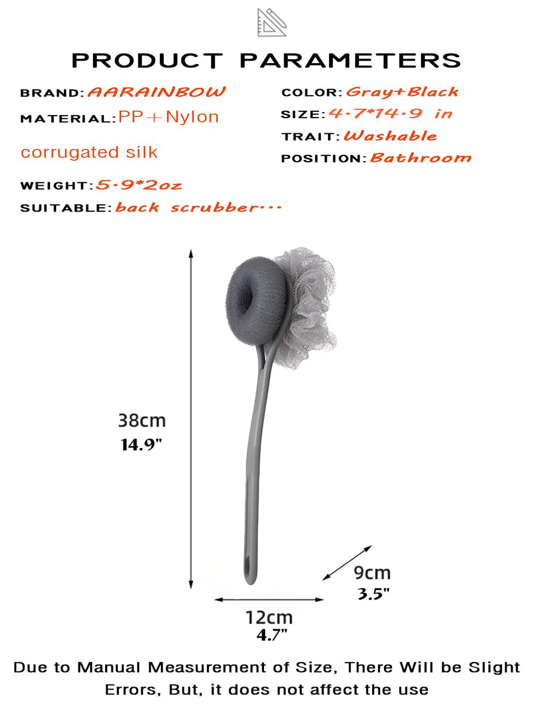 AARAINBOW 2 Packs Shower Body Brush with Bristles and Loofah, Back Scrubber Mesh Sponge with Long Handle for Skin Exfoliating Bath, Massage Bristles for Wet or Dry (C-Black+Gray)