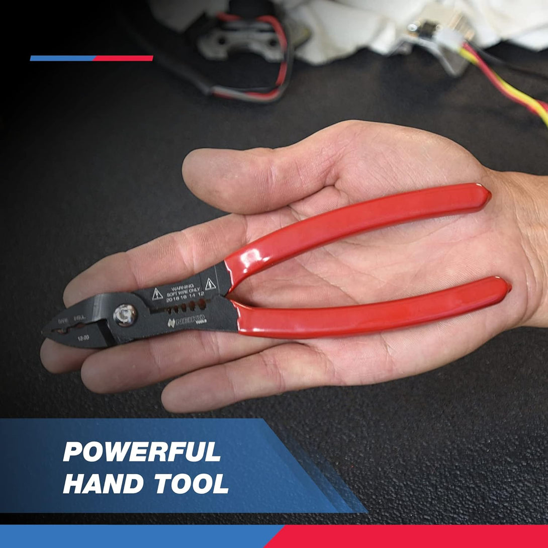 NEIKO 02037A Compact Wire Stripper | 4-In-1 Multi Purpose Electricians Pliers | Wire Crimper, Cutter and Gripper | 12-20 AWG Wire Service Tool | Crimps Insulated & Non-Insulated | Electrical Stripping