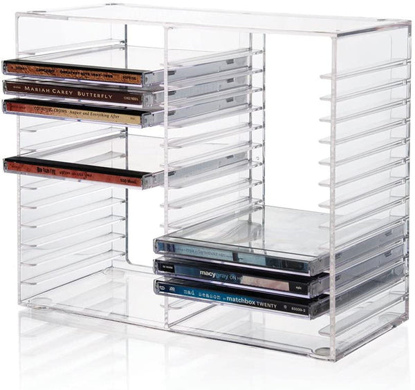 Stori Stackable Clear Plastic CD Organizer with Rubber Feet | Rectangular Jewel Cases Holder Perfect for Theatre Room | Holds up to 30 CD Cases | Made in USA