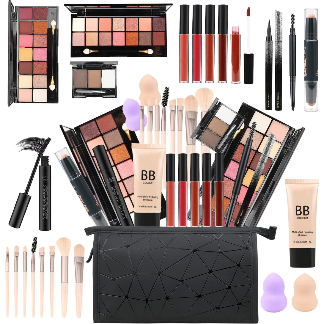 All in One Makeup Gift Set for Women Full Kit For2X14-Color Eyeshadow Palettes,5Xlipgloss Sets,Mascara,Eyeliner,Eyebrowpowder,Eyebrow Pencil, Foundation, Highlighter Stick Etc