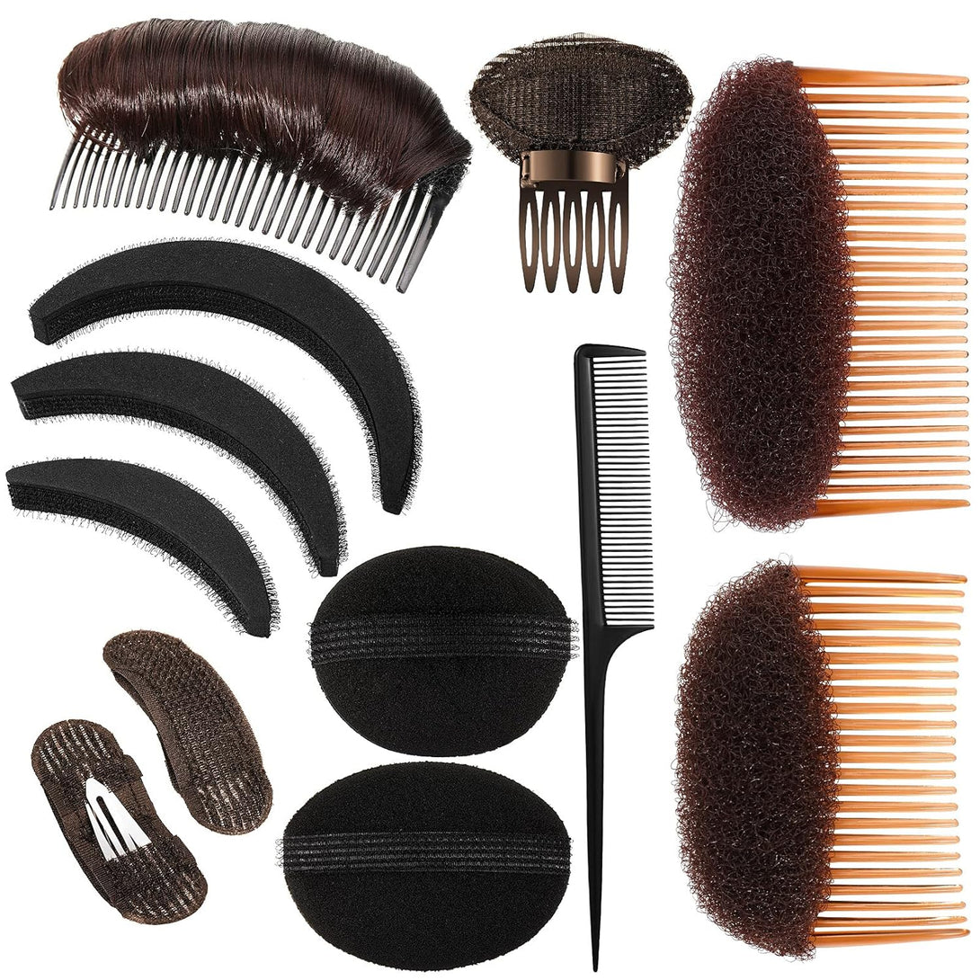 12 Pieces Hair Styling Set: Sponge, Invisible Clips, Combs, Volume Inserts, Hair Extensions Accessories (Black, Coffee, Dark Brown)