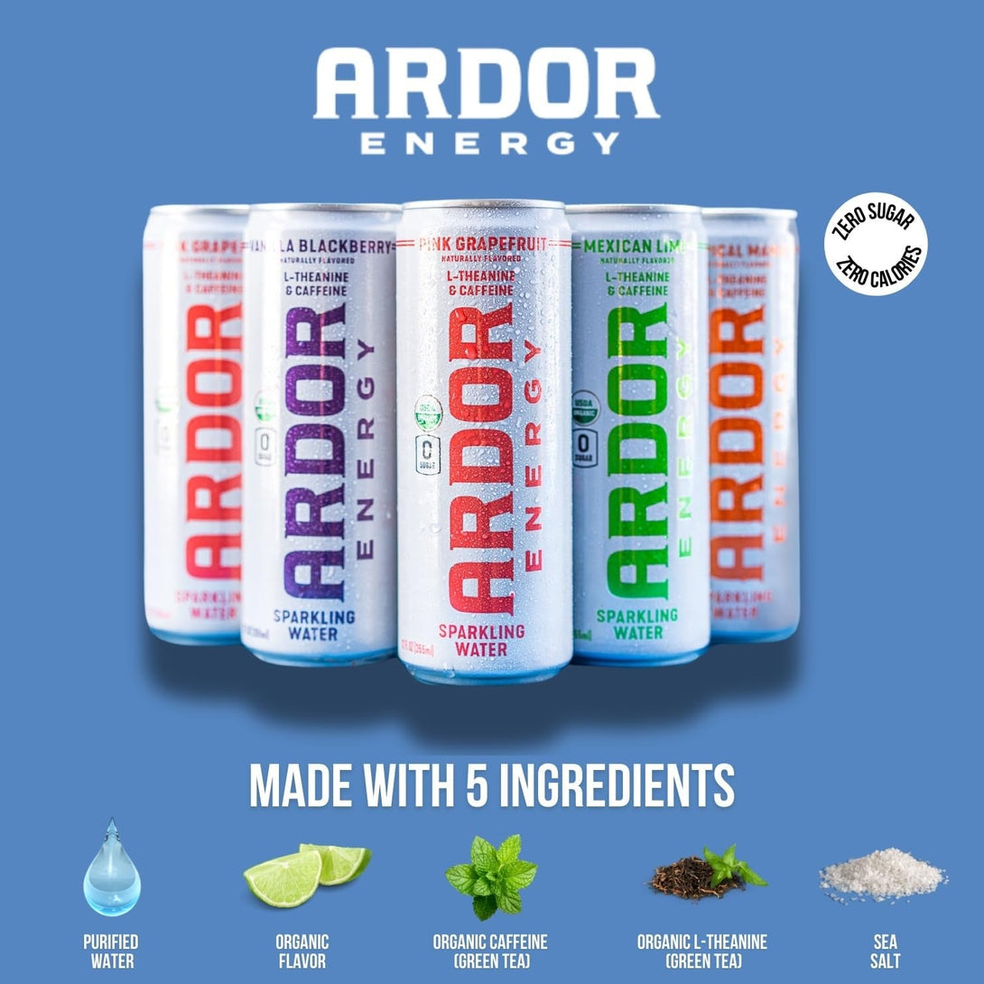 ARDOR ENERGY Sparkling Water 6 Pack Sampler. 100Mg Organic Caffeine from Green Tea & 200Mg Organic L-Theanine (Focus & Calm). No Sugar. No Calories. Vegan. Gluten Free.