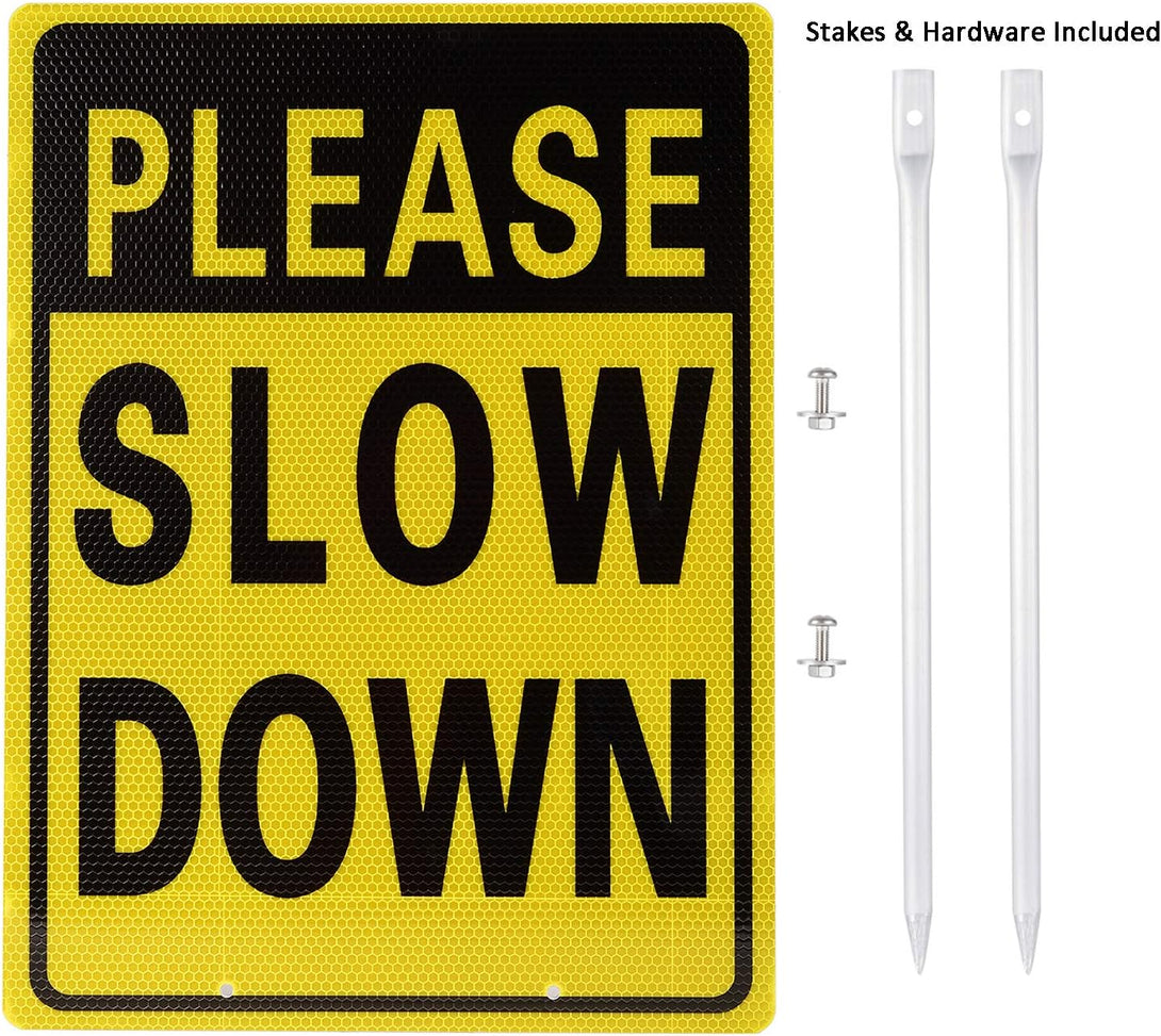 Kichwit Double Sided Aluminum Please Slow down Sign Reflective Metal Sign with Stakes, Sign Measures 11.8" X 15.8", 14" Long Metal Stakes Included