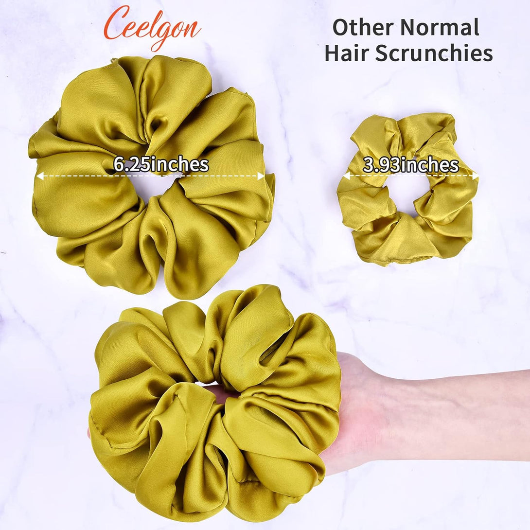 CEELGON Big Real Silk Scrunchies for Women 6.3Inches Large Scrunchie Satin Oversized Silk Thick Elastic Hair Ties Jumbo Hair Scrunchies 6 Pack (Black,White,Pink, Champagne,Navy,Yellow)