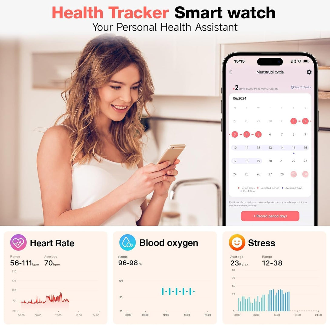 Smart Watch for Women, 1.99" AMOLED Display Fitness Tracker,Smartwatch(Answer/Make Calls), IP68 Waterproof 100+ Sport Mode Activity Tracker, Heart Rate Sleep Monitor, Ios Android Compatible