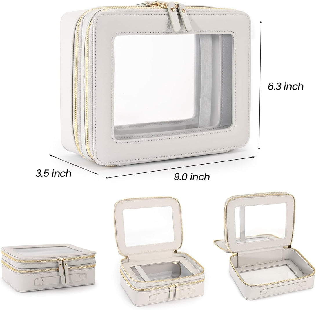 Aveniee Clear Makeup Bags, Double Layer Cosmetic Bags with a Separate Brush Compartment, Large Travel Toiletry Bag Skincare Train Case for Women, Travel Accessories Organizer(2 Layers Large, Grey)