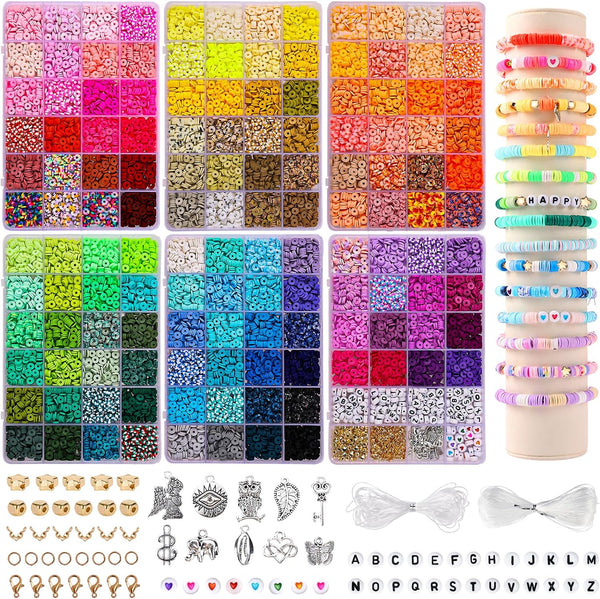 QUEFE 14000 PCS 136 Colors Clay Beads Bracelet Making Kit 6 Boxes Friendship Bracelet Kit Flat Polymer Clay Beads Spacer Heishi Beads for Jewelry Making with Pendant Charms Kit