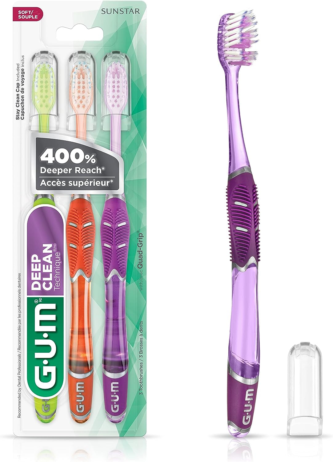 GUM Technique Deep Clean Toothbrush - Compact Soft - Soft Toothbrushes for Adults with Sensitive Extra Fine Bristles, 3Ct