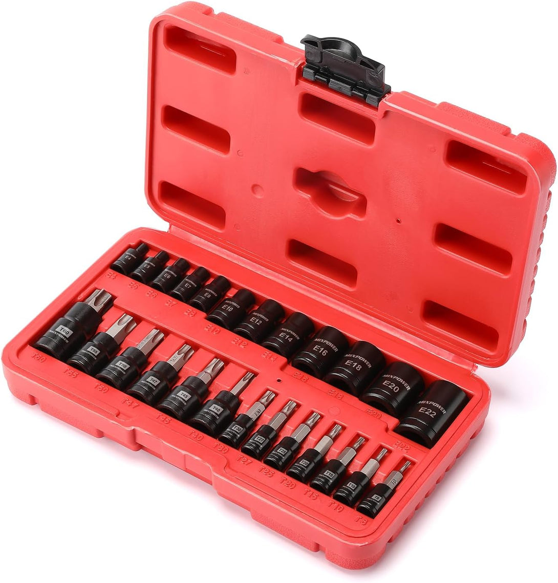 MIXPOWER 25 Piece Torx Bit and Socket Set, 13 Star Bits (T8- T60) & 12 E-Torx Sockets (E4-E22), Professional Grade Auto & Motorcycle Mechanic Set