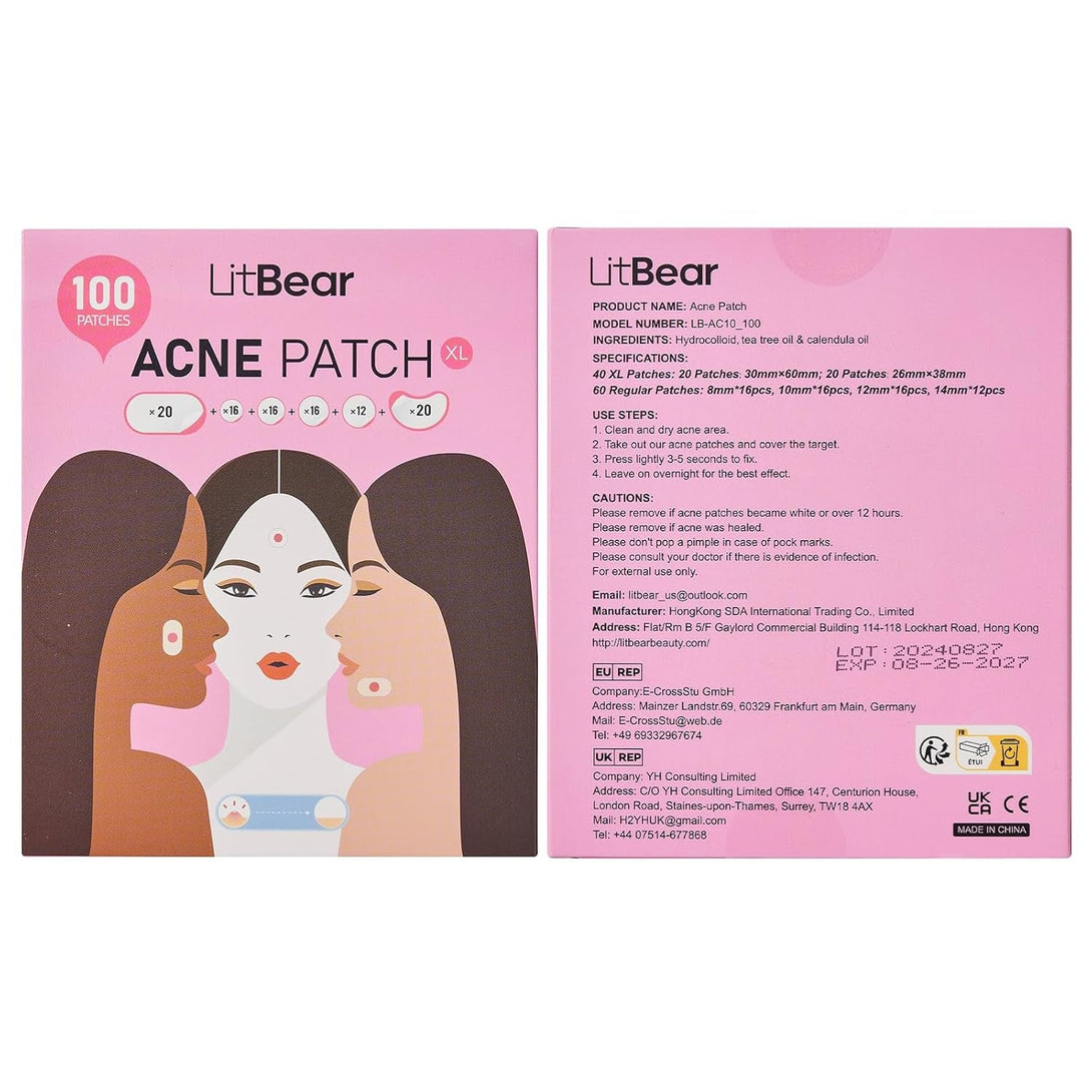 Litbear Large Acne Pimple Patches, 6 Sizes 100 Patches for Large Breakouts, Acne Patches for Face, Chin or Body, Acne Spot Treatment with Tea Tree & Calendula Oil, Hydrocolloid Bandages for Acne Skin