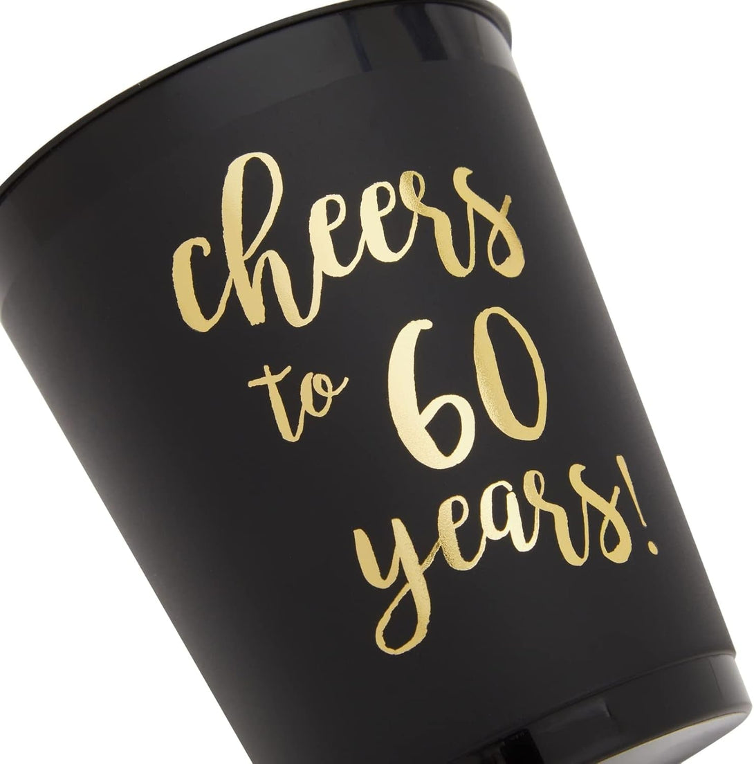 16 Pack Cheers to 60 Years Plastic Party Cups - 60Th Birthday Decorations for Men and Women, Anniversaries (Black, 16 Oz)