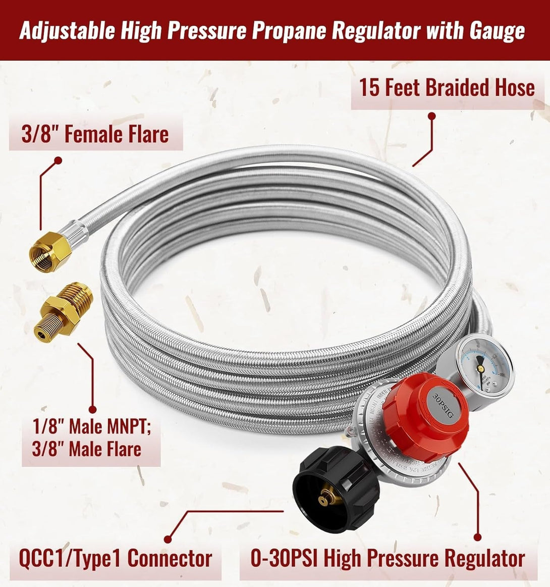 15FT High Pressure Propane Regulator Hose with Gauge, 0~30PSI Adjustable Propane Tank Regulator, Stainless Steel, Fit for Turkey Fryer，Fish Fryer，Propane Burner，Fire Pit, Forge, and More