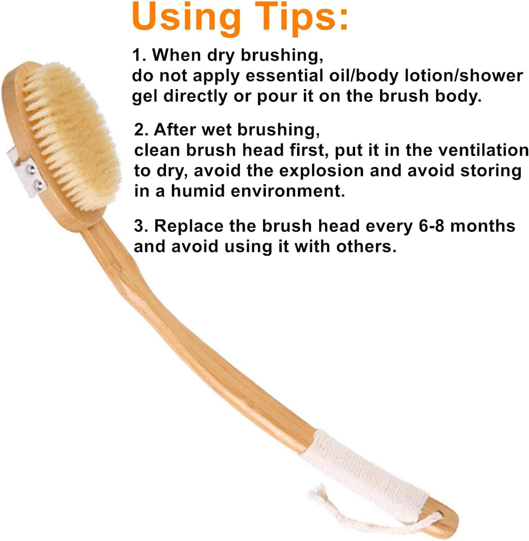 Body Brush Back Scrubber,18.7 Inch Long Handle Detachable Body Brush with Dual Brushing Heads for Dry Brushing Shower, Bamboo Medium Firm Bristle Brush for Body Cellulite and Lymphatic (Beige)