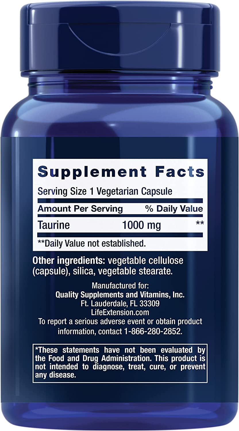 Life Extension Taurine, Pure Taurine Amino Acid Supplement, Heart, Liver and Brain Health, Longevity, Muscle and Exercise, 1000 Mg Dose, Non-Gmo, Gluten-Free, Vegetarian, 90 Vegetarian Capsules