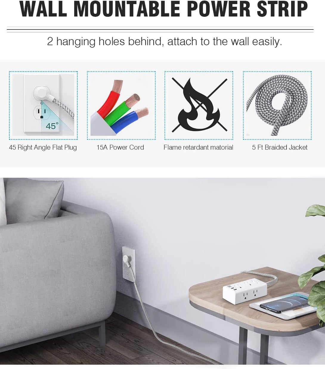 Power Strip Surge Protector - One Beat 6 Widely Outlets with 3 USB Ports (1 USB C), 5 Ft Extension Cord Flat Plug, Wall Mount Outlet Extender Small Power Strip for Travel Home Office College Dorm Room