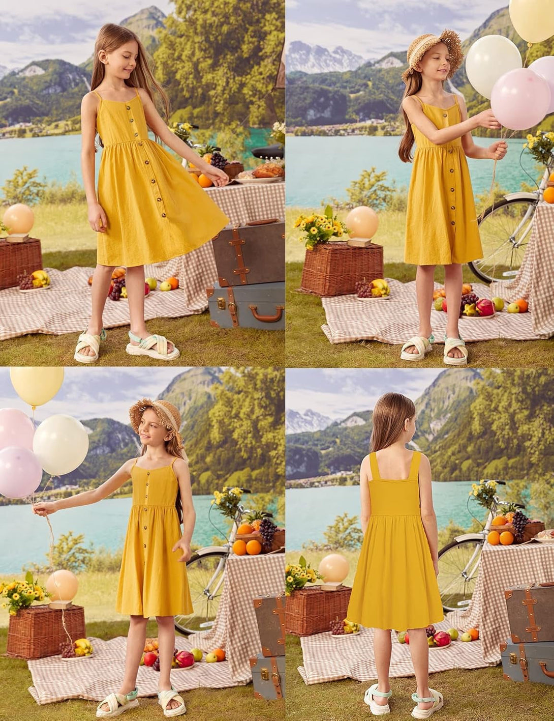 Arshiner Girl'S Spaghetti Strap Button down Midi Sleeveless Summer Casual Sundress A-Line Dress with Pockets