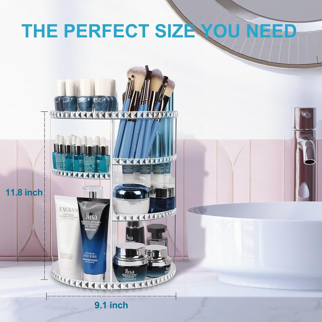 360° Rotating Makeup Organizer, Large Capacity Vanity Organizer with DIY Adjustable Trays, Makeup Brush Perfume Skincare Organizer Spinning Holder Shelf Storage Rack for Bathroom, Bedroom