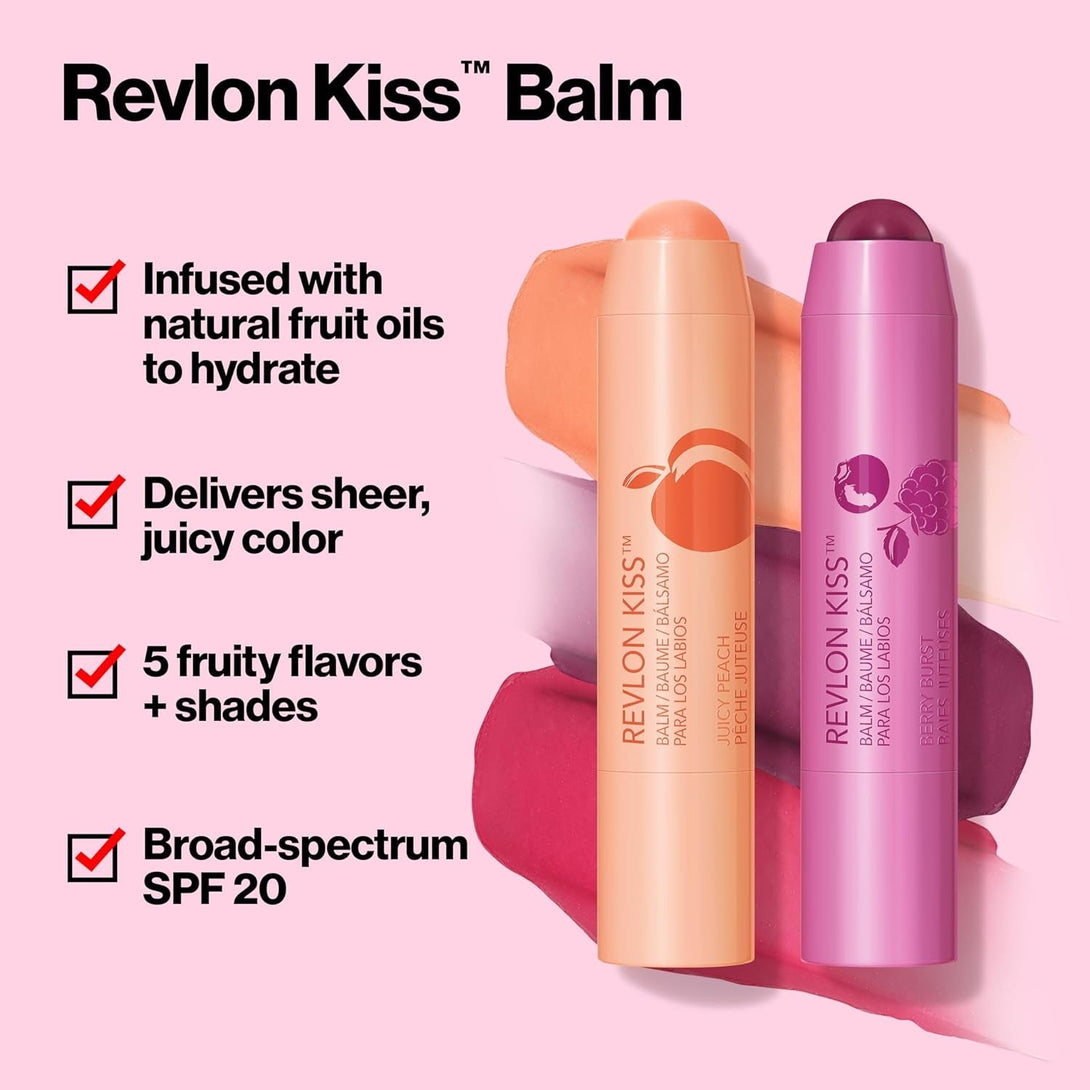 Revlon Kiss Tinted Lip Balm with SPF 20, Hydrating, Flavored, Infused with Natural Fruit Oils, 025 Fresh Strawberry, 0.09 Oz