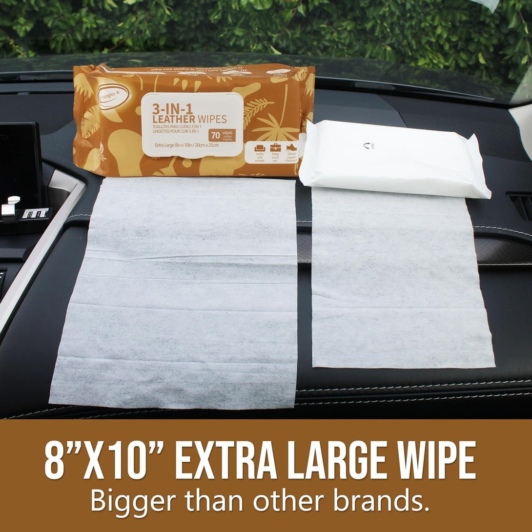Air Jungles 3In1 Leather Cleaner Wipes 70 Count, Extra Large 8" X 10" Size, Clean Condition Protect Wipes for Vinyl and Leather Apparel Furniture Auto Car Interior Shoes Boots Bags