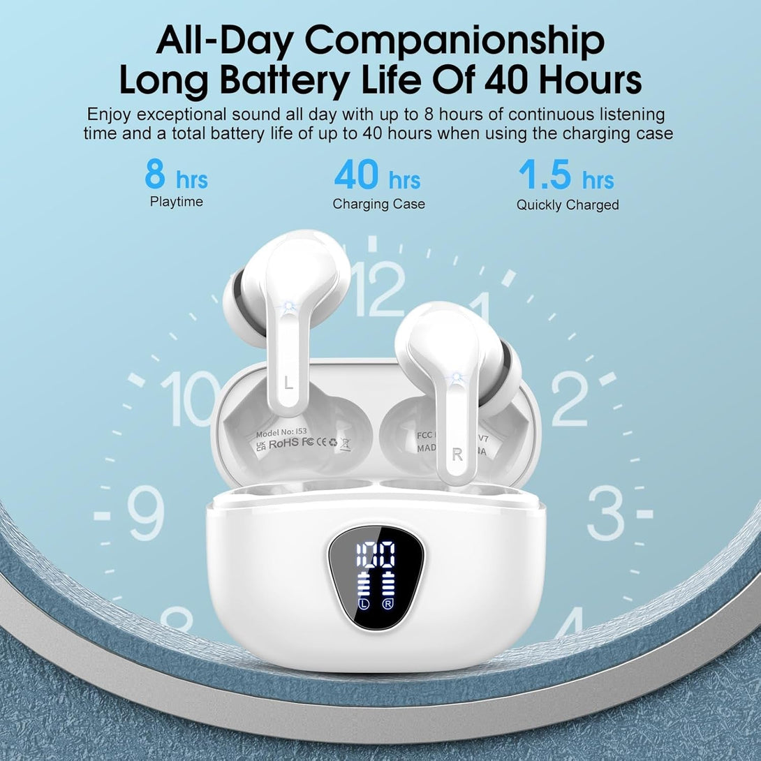 Wireless Earbuds Bluetooth 5.3 Headphones, 40H Playback Hifi Stereo Ear Buds with LED Display, ENC Noise Cancelling Earbuds, IP7 Waterproof In-Ear Earphone for Ios Andriod Sport/Workout/Running/White