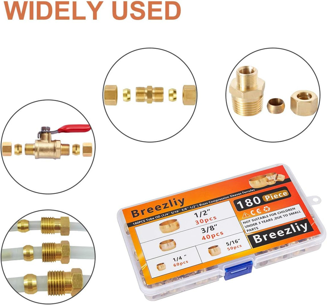 180PCS Tube OD（1/4" 5/16" 3/8" 1/2") Brass Compression Sleeves Ferrules,4 Sizes Brass Compression Fitting Assortment Kit