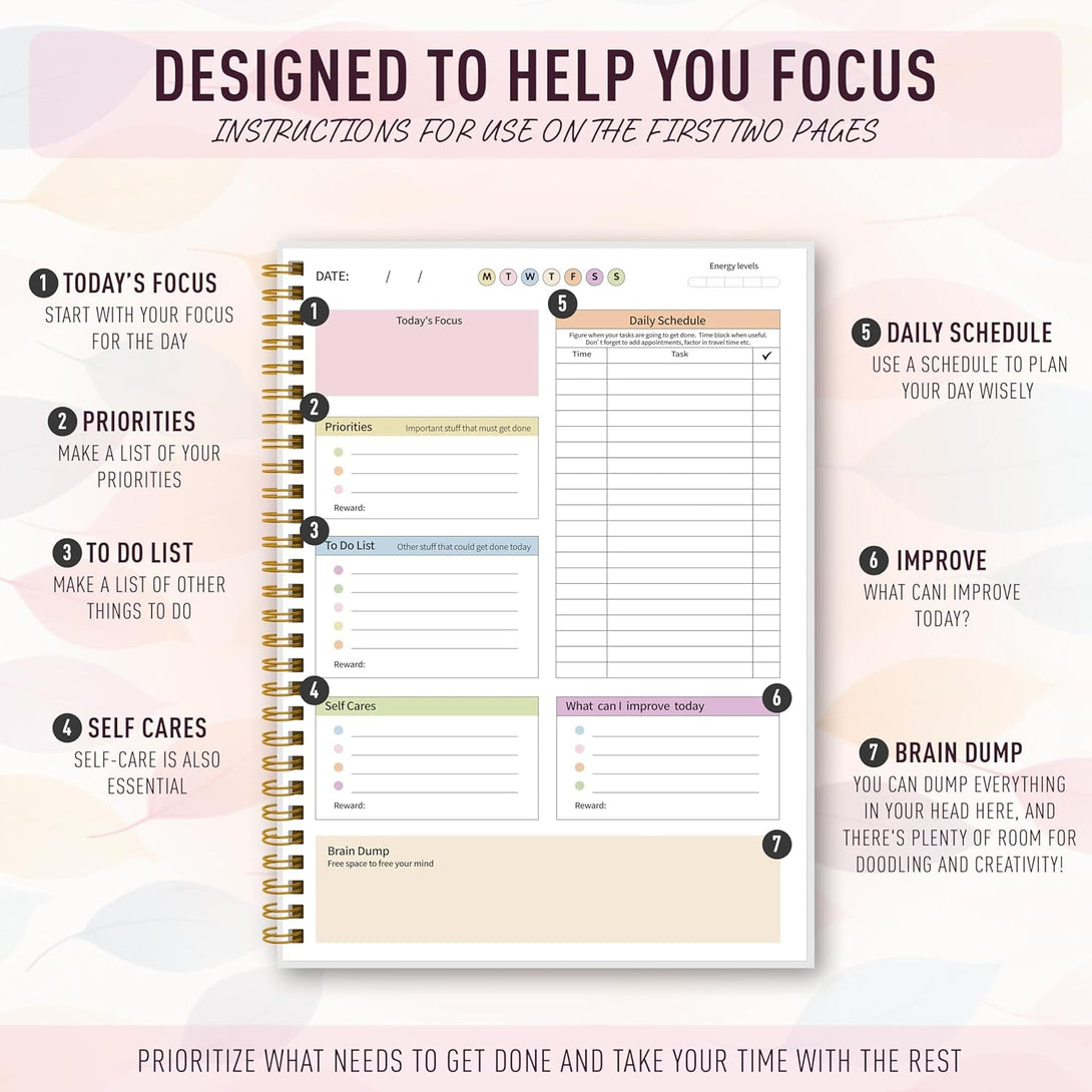 ADHD Daily Planner - Productivity Planner & Undated Task Management Organizer for Neurodivergent Adults, Focused Planners for Men & Women - B5 Colorful Leaves