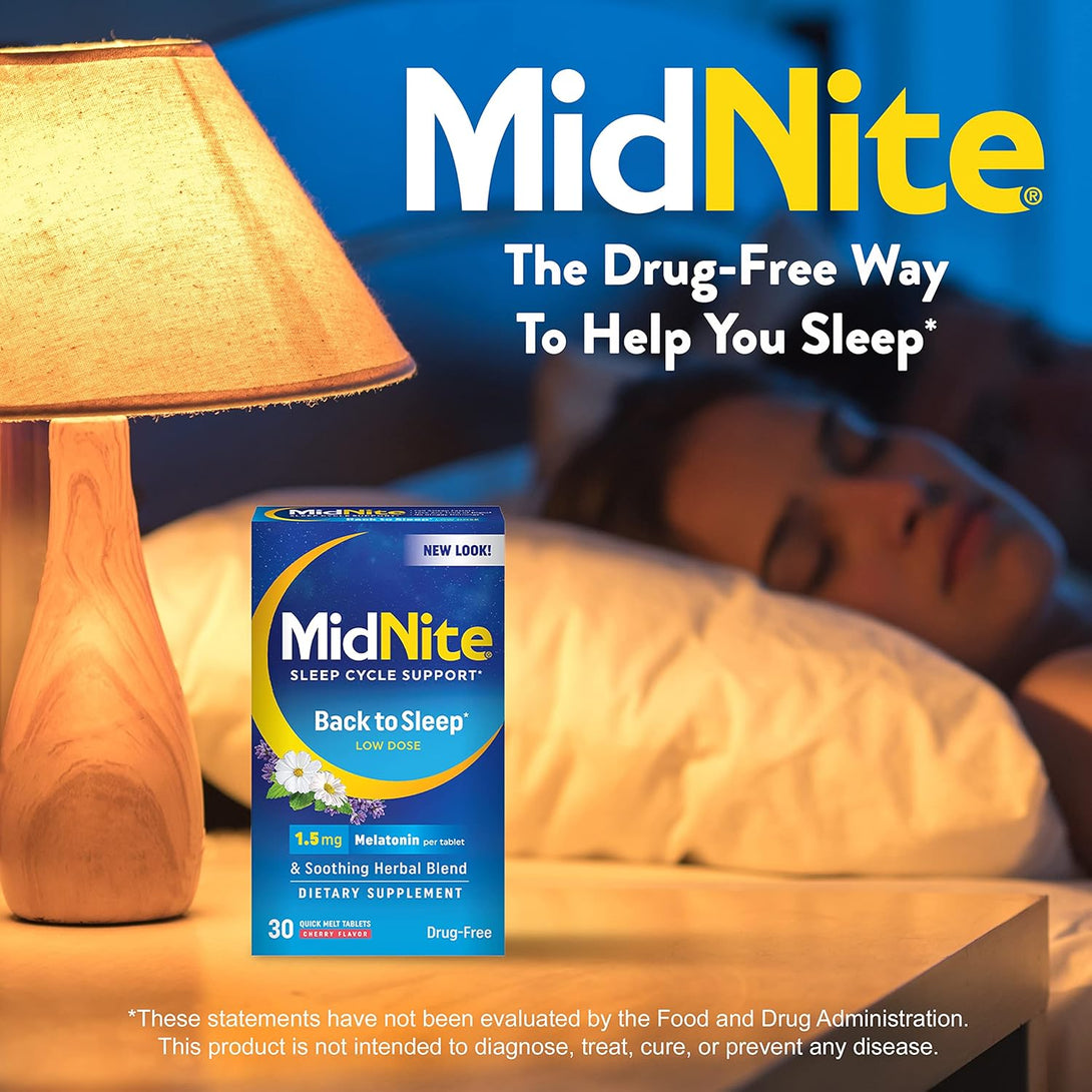 Midnite Back to Sleep Low Dose, 1.5 Mg Melatonin Sleep Aid, Non-Habit Forming, Herbal Dietary Supplement for Adults, Drug-Free, Gluten-Free, Lactose-Free, Vegetarian, Vegan, 30 Quick Melt Tablets