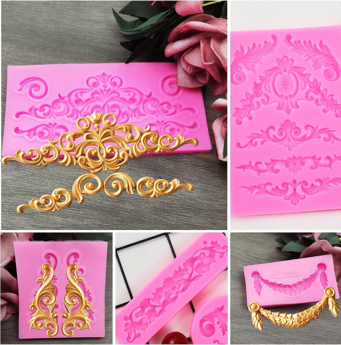 7Pcs Baroque Style Curlicues Scroll Lace Silicone Fondant Molds, Relief Flower Mould Filigree Mold 3D Sculpted for Candy Gummy Decoration Cupcake Topper Jewelry Polymer Clay Crafting Projects