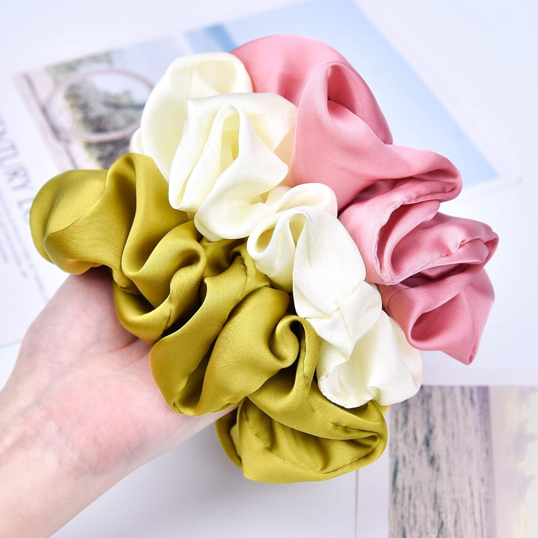 CEELGON Big Real Silk Scrunchies for Women 6.3Inches Large Scrunchie Satin Oversized Silk Thick Elastic Hair Ties Jumbo Hair Scrunchies 6 Pack (Black,White,Pink, Champagne,Navy,Yellow)