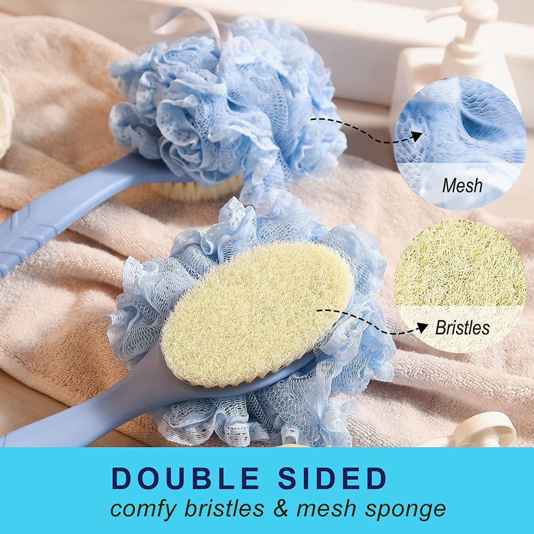 [2Nd Generation] Shower Body Brush with Bristles and Loofah,Back Scrubber Bath Mesh Sponge with Curved 16" Long Non-Slip Handle Skin Exfoliating Massage Suitable for Men and Women (Blue)