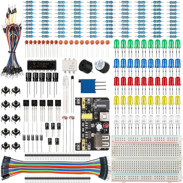 Basic Starter Kit for Arduino Project,Breadboard, Power Supply, Jumper Wires, Resistors, LED, Electronic Fun Kit Compatible with Arduino R3 Project, Arduino Mega2560 Project, Raspberry Pi