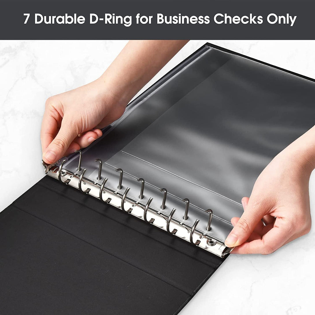 7 Ring Check Binder, 3-On-A-Page Business Checkbook Holder, 500 Checks Capacity, with 2024-2030 Calendar Organizer, Sleek Business Design (Black)