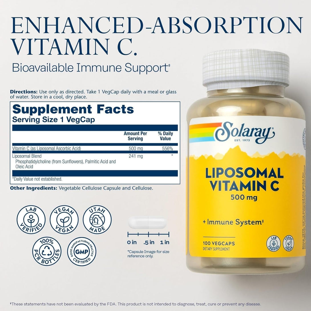 SOLARAY Liposomal Vitamin C 500Mg - Enhanced Absorption Vitamin C Liposomal Blend with Fatty Acids - Antioxidant and Immune Support Supplement - Vegan, 60-Day Guarantee, 100 Servings, 100 Vegcaps