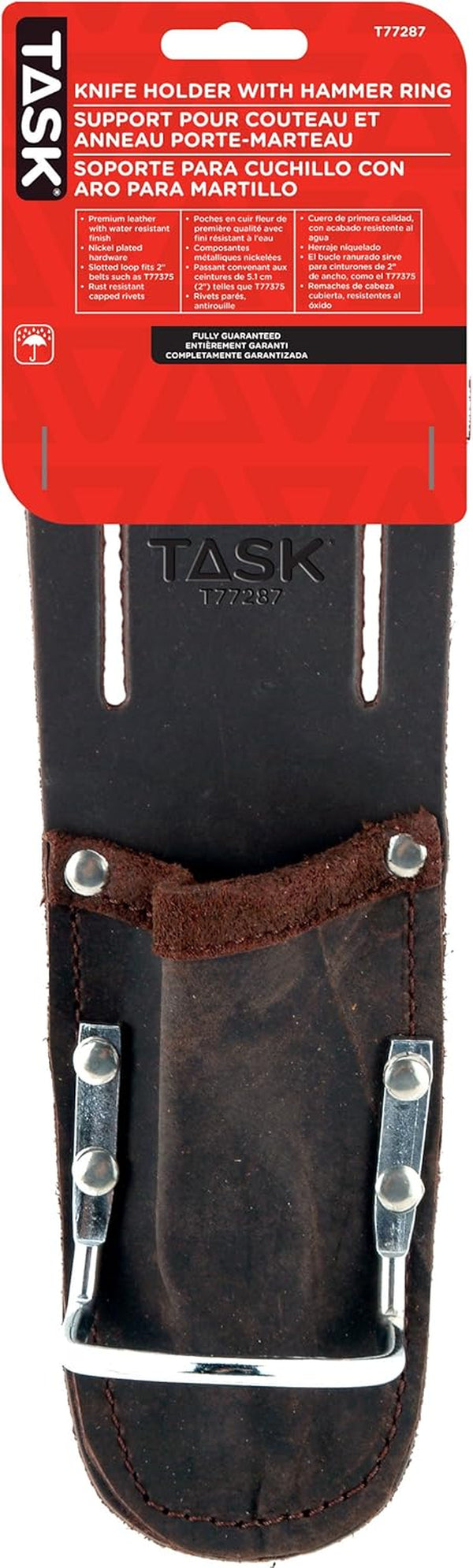 Task T77287 Tradesperson'S Premium Leather Utility Knife Holder with Hammer Ring, Compact and Heavy-Duty Construction Tool Holder, Fits Belts up to 2-Inches Wide, Black