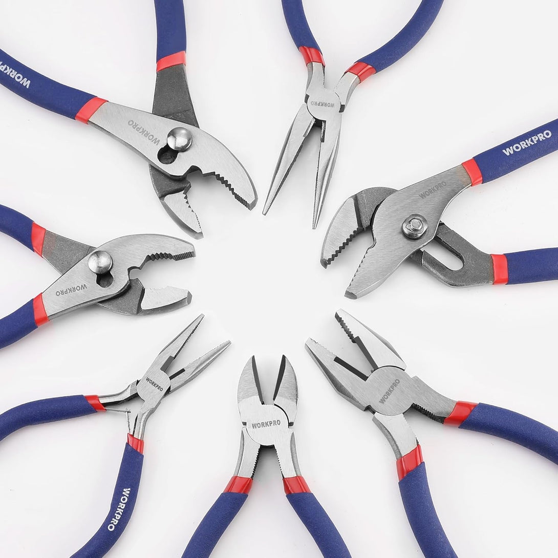 7-Piece WORKPRO Pliers Set with Groove Joint, Long Nose, Slip Joint, Linesman, and Diagonal Pliers for DIY & Home Use