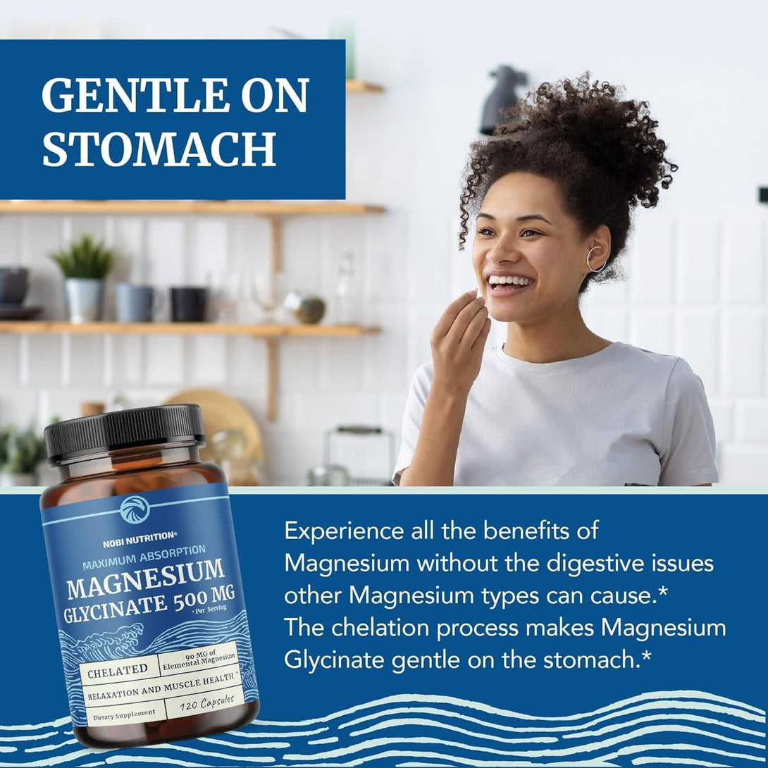 Magnesium Glycinate 500Mg | High Absorption | Chelated for Muscle Relaxation, Bones, Heart, Nerve, Sleep & Calm Support for Women & Men | Magnesium Chelate Supplement & Bisglycinate Complex | 120Ct