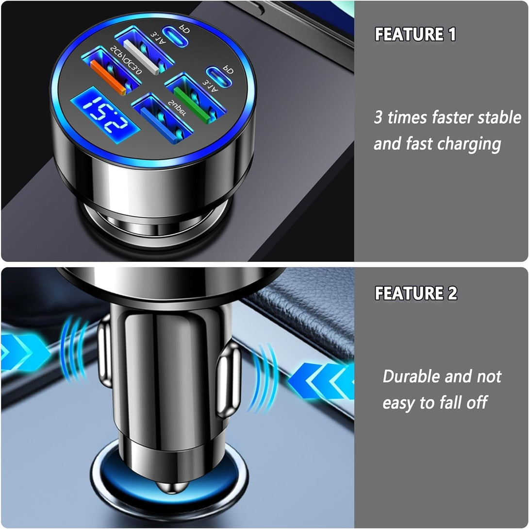 6 Ports Fast Car Charger with Voltage Monitor,Car Cigarette Lighter USB Charger (PD+QC3.0) Compatible with Iphone13/14/15 & Most Android Models,Car Must Haves USB C Car Charger (1PCS)